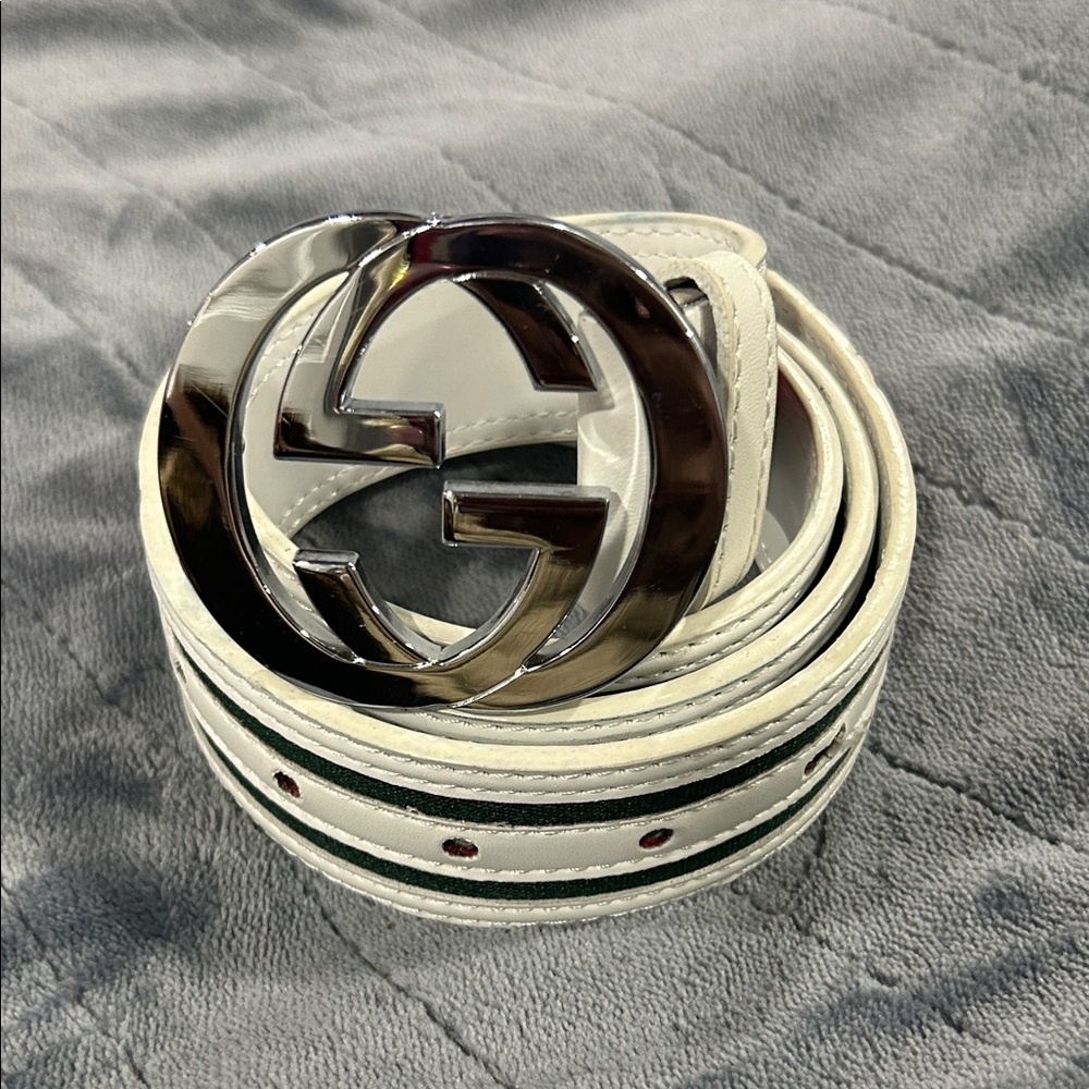 Gucci White Leather Belt with Silver GG Buckle